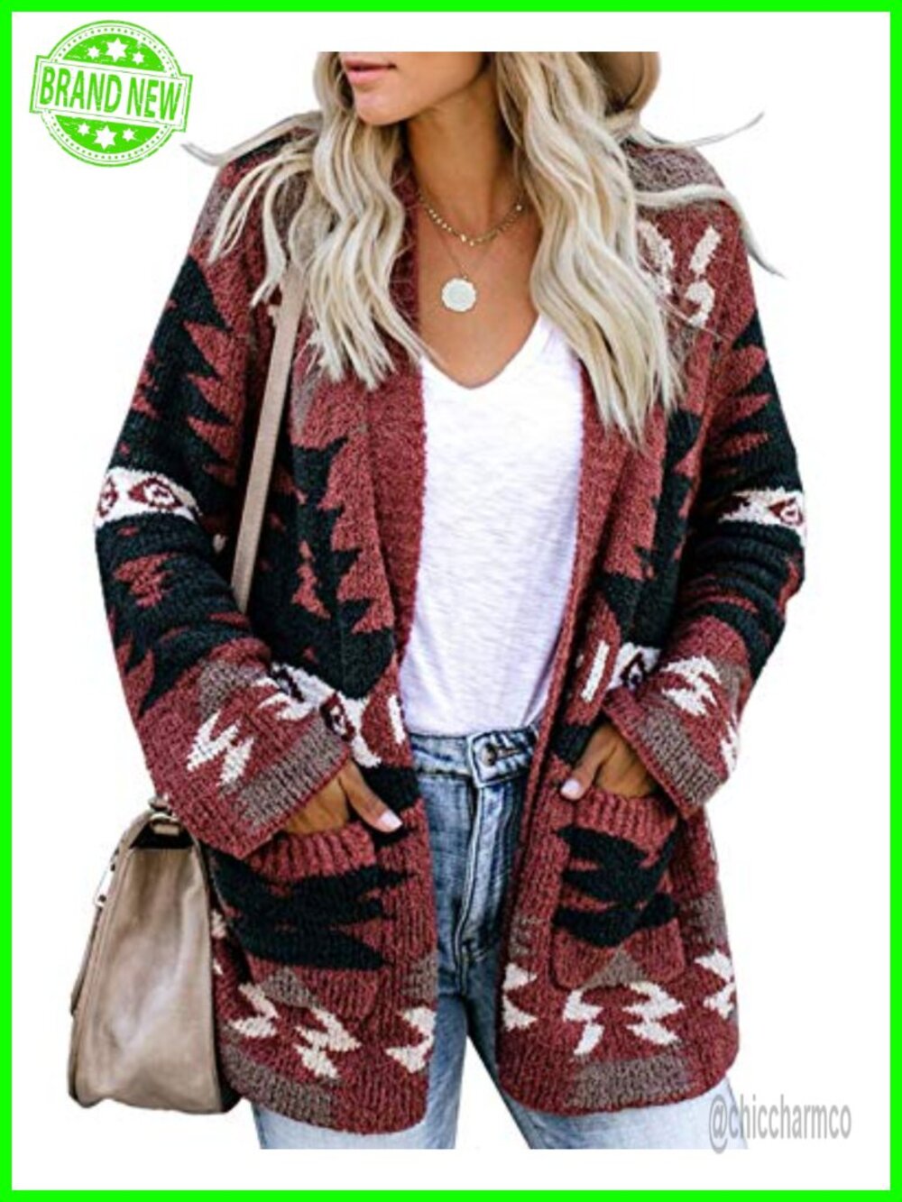 Boho Aztec Open Front Cardigan Long Sleeve Knit Sweater